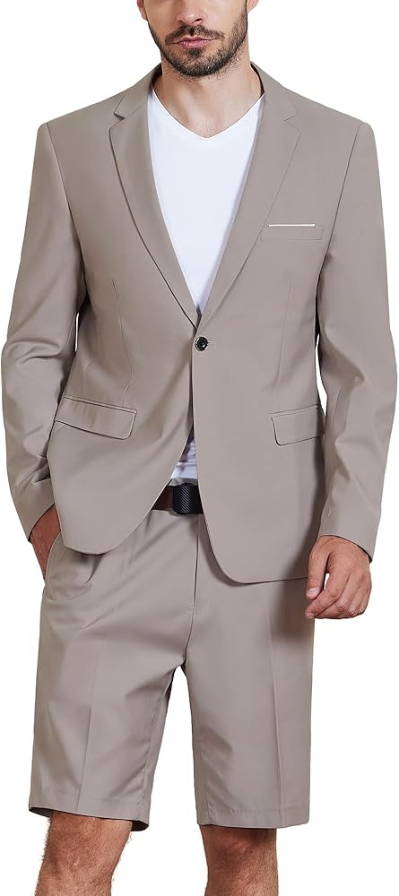 MYS Men's 2 Piece Slim Fit Suit, One Button Blazer and Short Pants Set with Tie