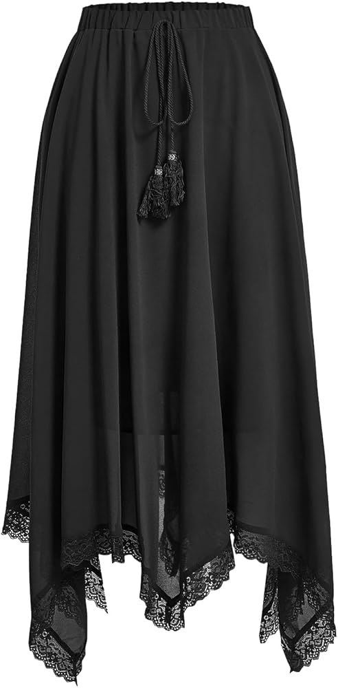 Verdusa Women's Elastic Waist Lace Trim Asymmetrical Flowy Long Skirt