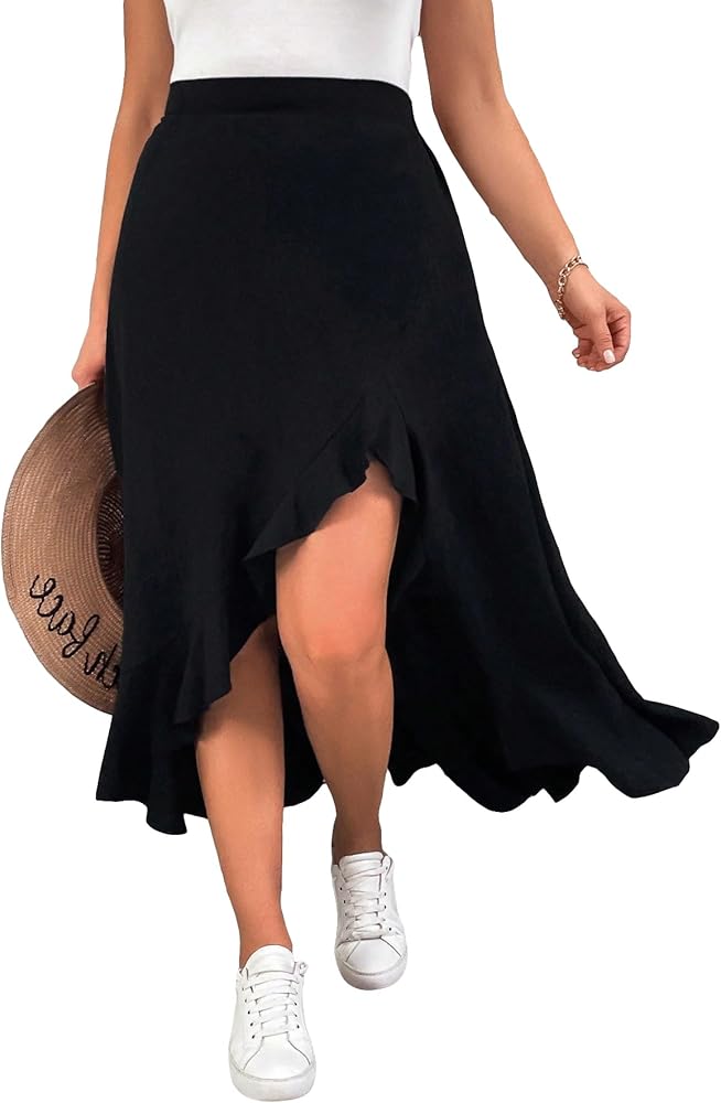 MakeMeChic Women's Plus Size Casual Ruffle Swing Skirt High Waisted High Low Hem Maxi Long Skirts