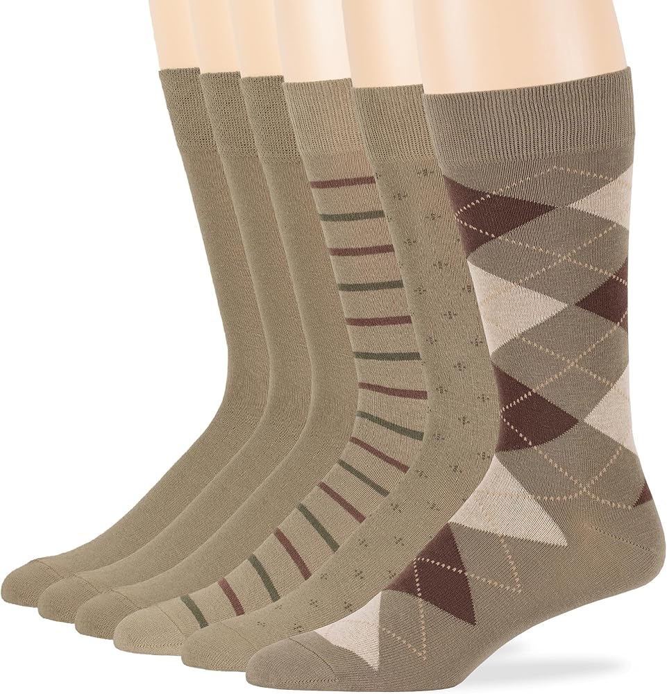 7Bigstars Men's Cotton Dress Crew Socks -6 pack-Argyle Stripes Dots-Large-Brown Blue Black Khaki Beige