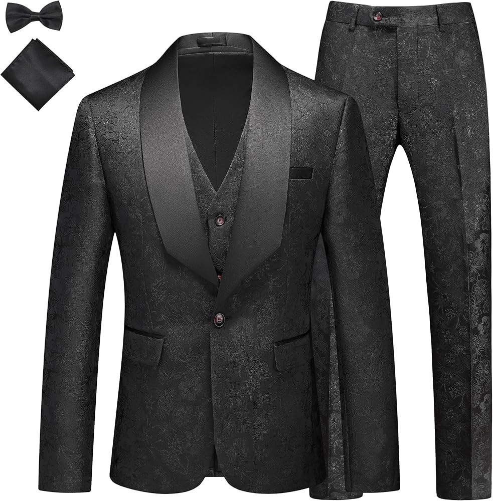 MOGU Mens 3 Piece Tuxedo Slim Fit Jacquard Floral Vintage Groomsmen Wedding Prom Suit