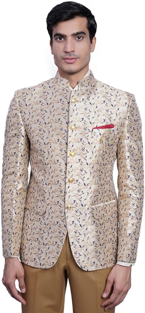 WINTAGE Men's Banarasi Rayon Cotton Festive and Casual Bandhgala Jodhpuri Blazer :Beige1