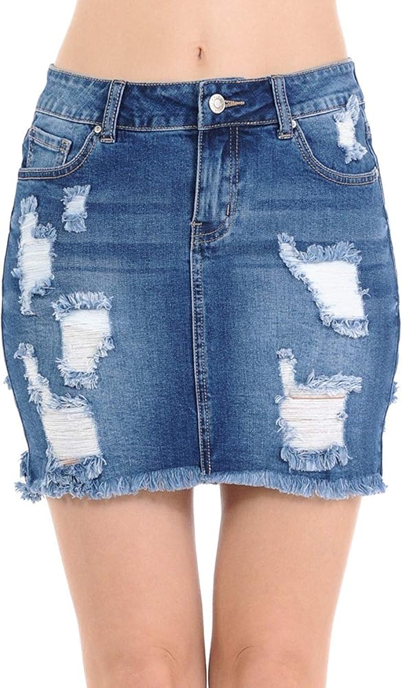 Wax Women's Juniors Casual Distressed A-Line Denim Short Skirt