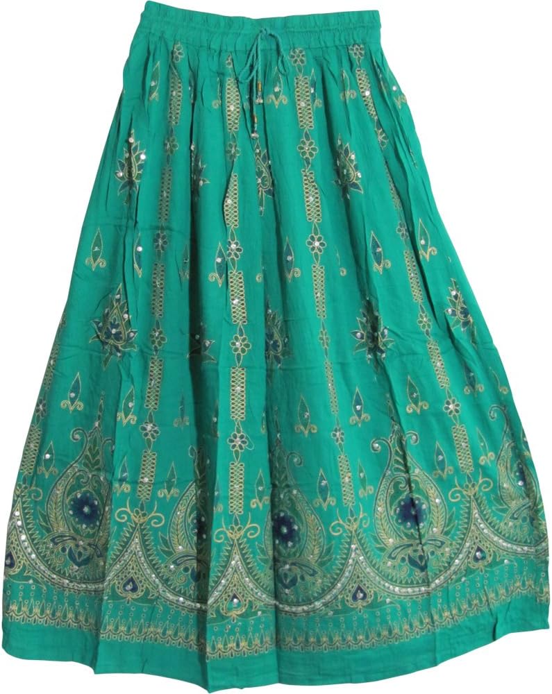 Womens Indian Sequin Crinkle Broomstick Gypsy Long Skirt (Mint Green)
