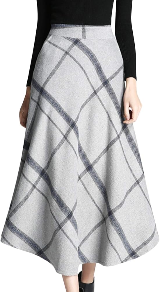 Tanming Women's Winter Warm Elastic Waist Wool Plaid A-Line Pleated Long Skirt
