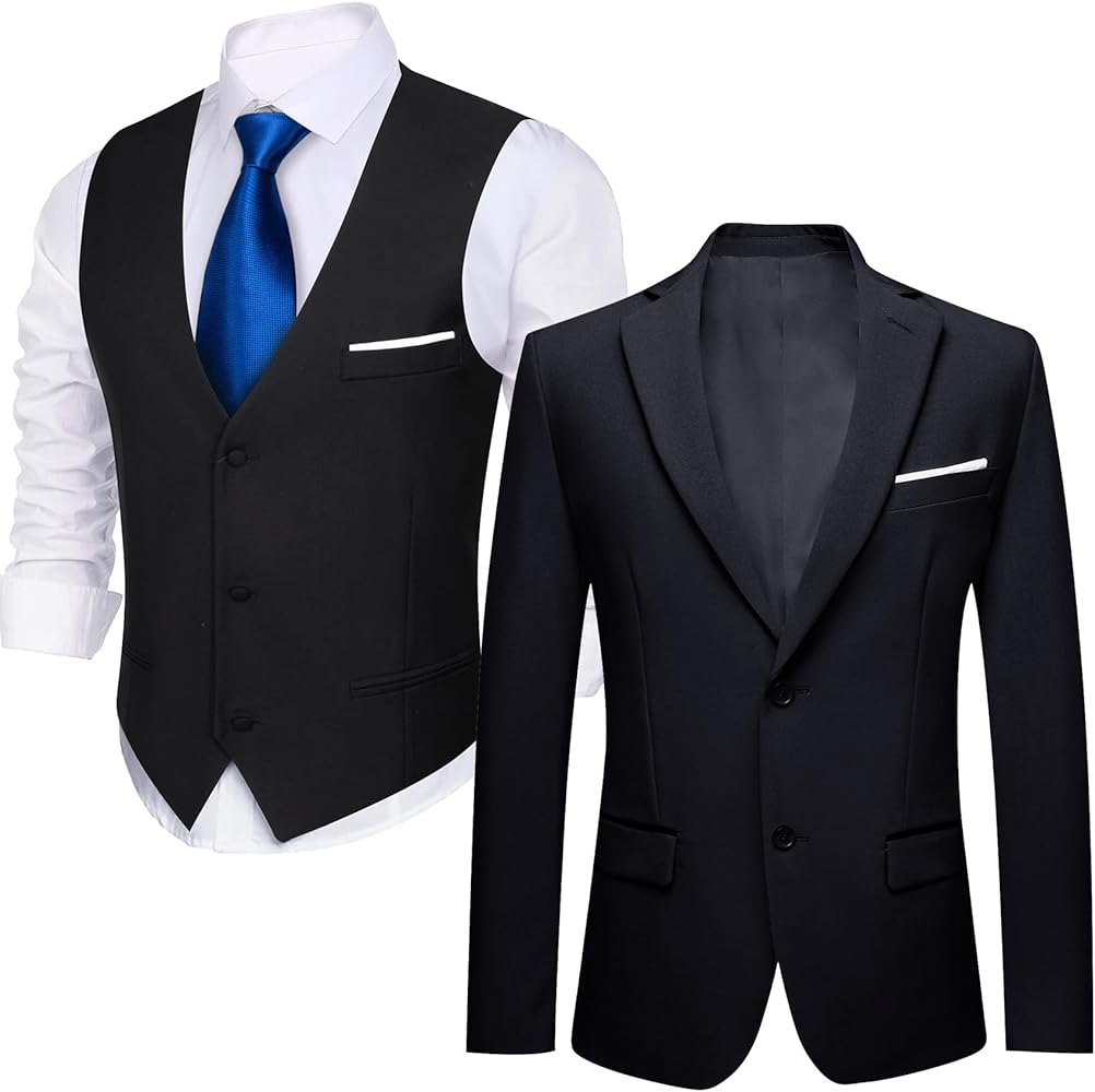Barry.Wang Black Suit Vest Formal Dress Waistcoat,Blazer for Men Casual Sport Coats with Bowtie Lightweight Regular Fit Suit Jacket Daily Business XXXL