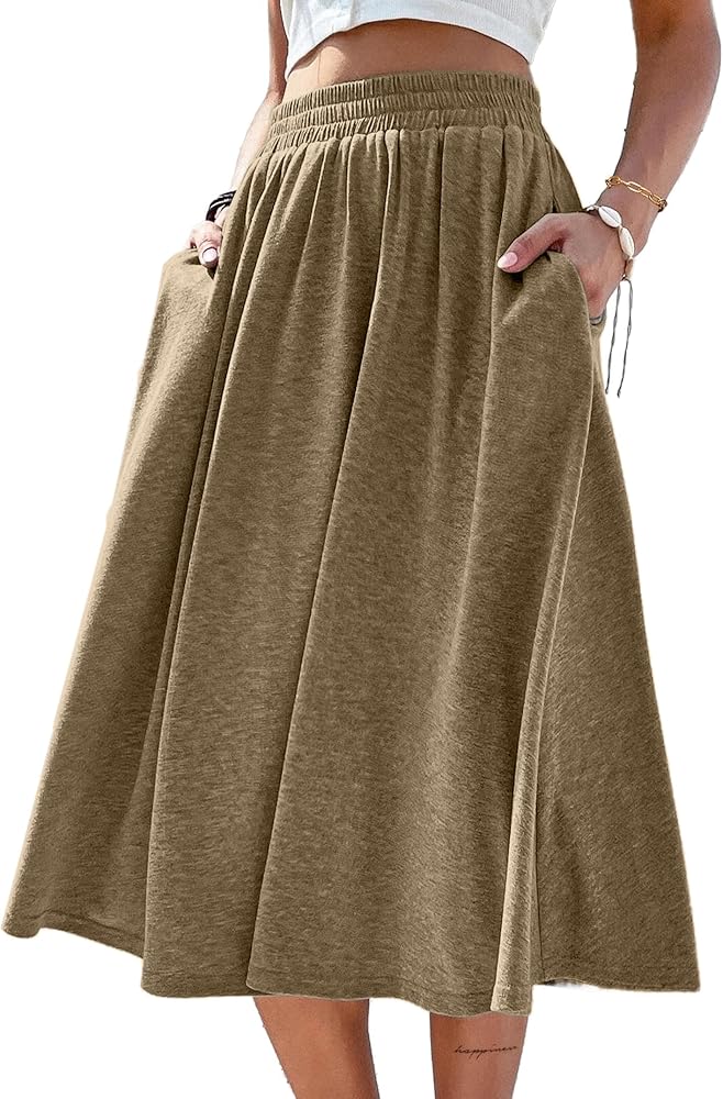 SOFIA'S CHOICE Women's High Elastic Waist Midi Skirt with Pocket A Line Swing Skirts