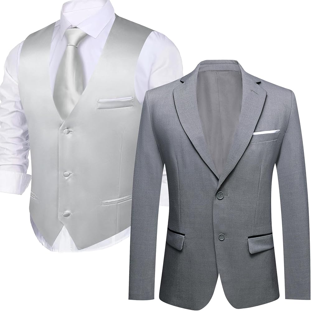Barry.Wang Grey Suit Vest Formal Dress Waistcoat,Blazer for Men Casual Sport Coats with Bowtie Lightweight Regular Fit Suit Jacket Daily Business XXXL