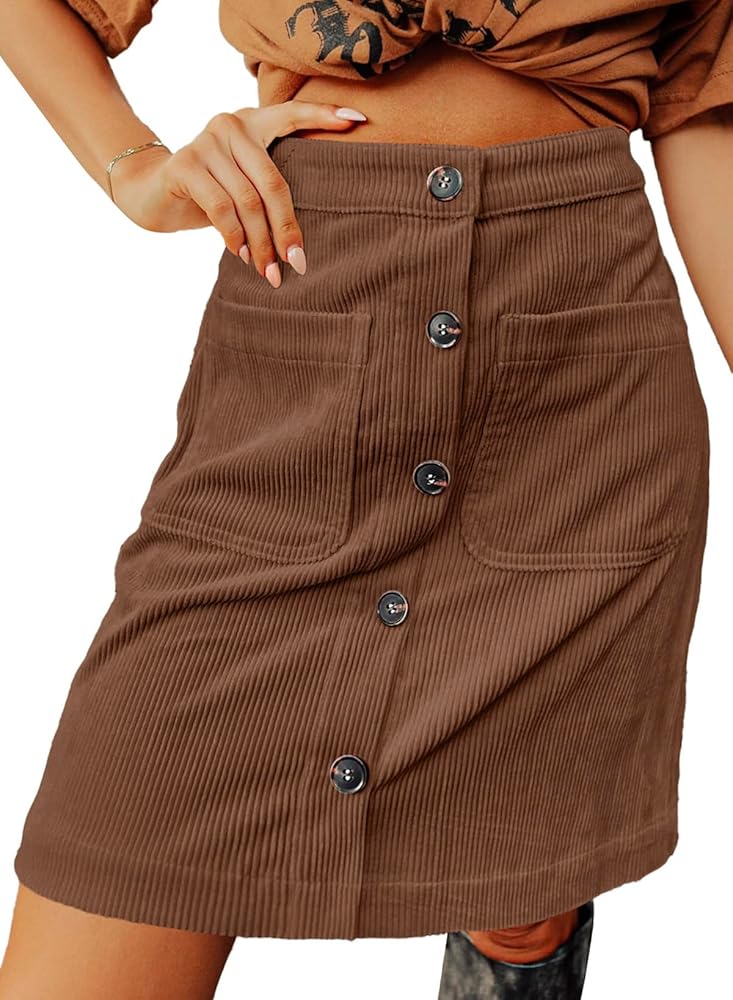 Happy Sailed Womens Corduroy Skirts Fall Winter High Waist Button Down A-line Short Mini Skirt with Pockets