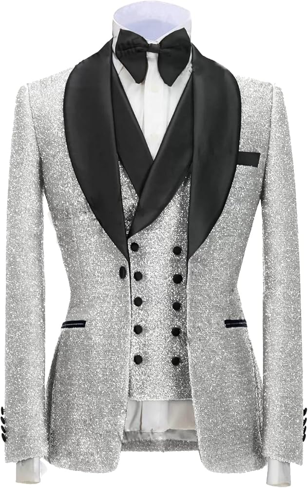 Mens Blazer Suits 3 Piece Slim Fit Bling Bling Jacket GroomsmenTuxedos Formal Party Coats