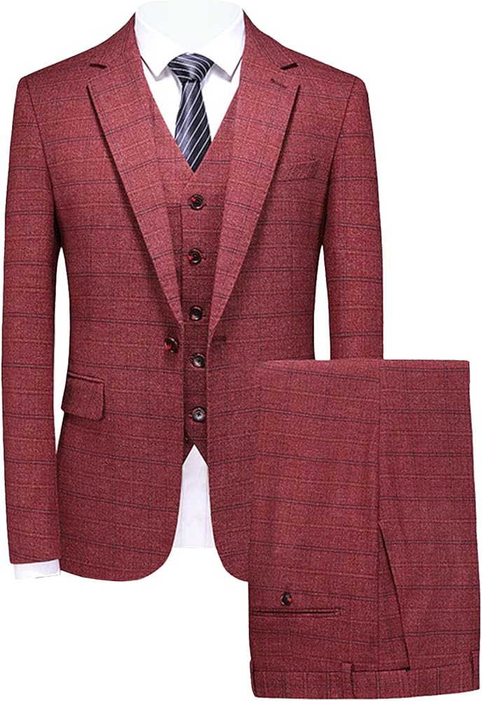 Men's Plaid 3 Piece Slim Fit Suit Set Casual Notch Collar Groom Tuxedo Suit Formal Wedding Prom Blazer Vest Pants