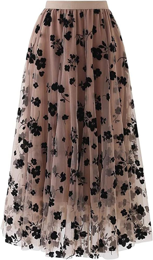 Avanova Women Floral Tulle Midi Skirt High Waist Elastic Layered Casual A Line Skirt