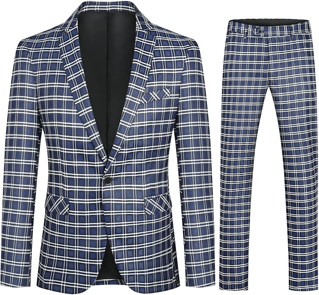 Boyland Mens Plaid 2 Pieces Suit Casual Notched Lapel Single Breasted One Button Blazer Tuxedo Sport Coat Trousers