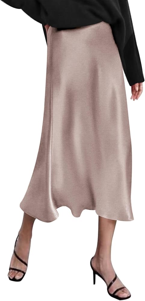 HOTOUCH Womens Satin Skirts Casual Silk Midi Skirt High Waisted Long Skirts Zipper Elegant Work Skirts