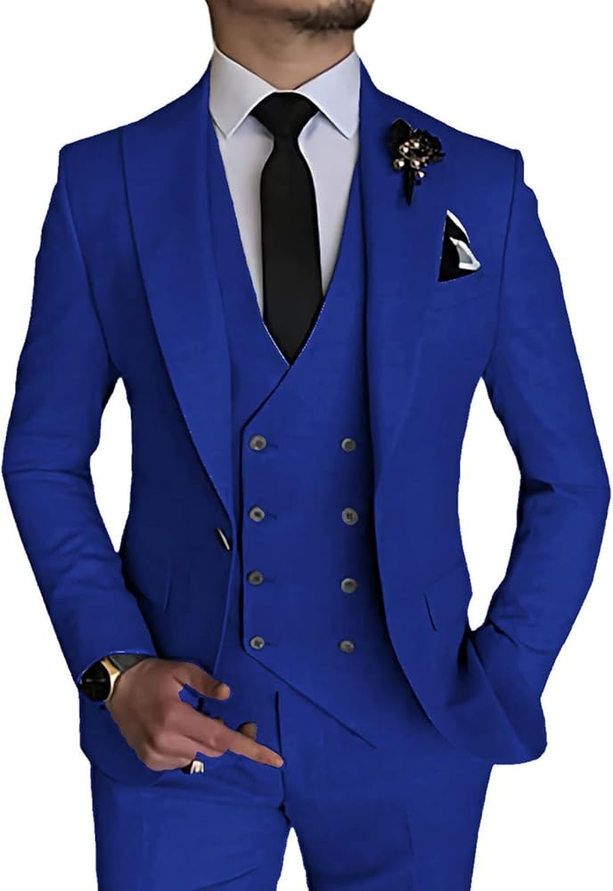 3 Piece Suits for Men, Men's Slim Fit Suit Set One Button Solid Blazers Double Breasted Vest Pants Tuxedo Set