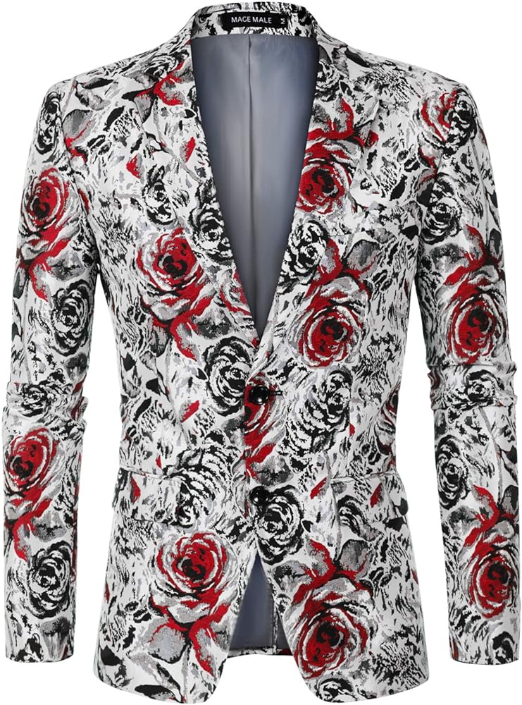 MAGE MALE Men's Floral Blazer Two Button Dress Party Suit Jacket Notched Lapel Slim Fit Stylish Top