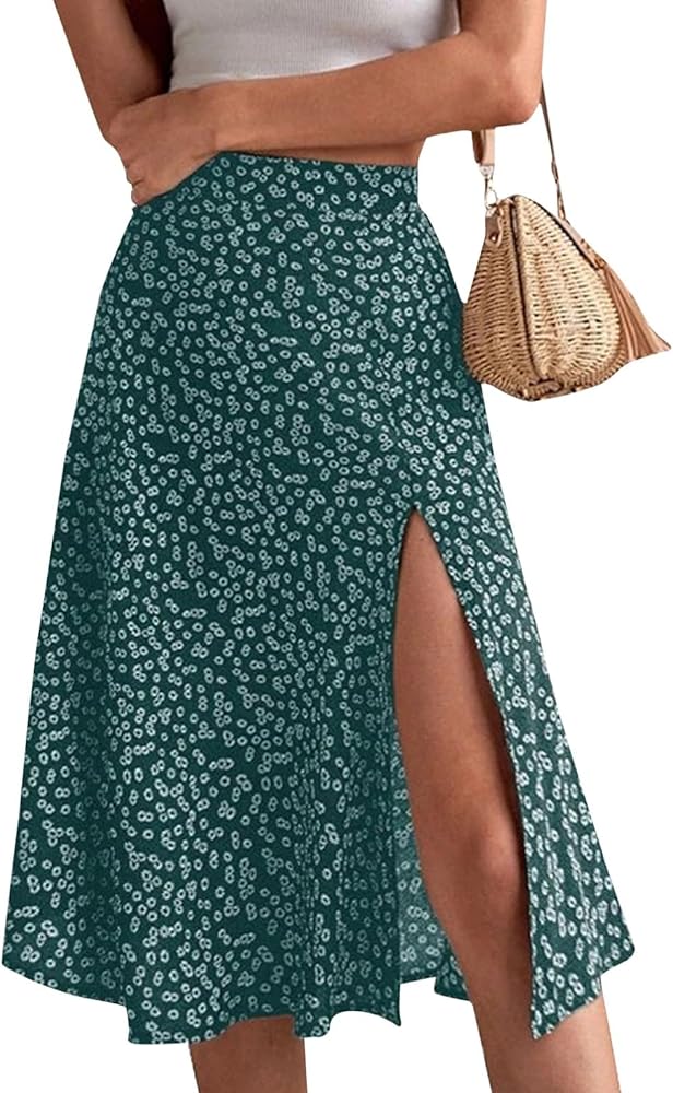 Womens 2024 Summer High Waisted Flowy Slit Midi Skirts Casual Lightweight Boho Floral Beach Skirt