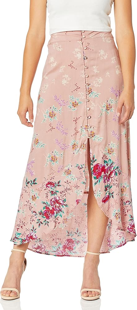 Angie Women's Rose Printed Button Front Ruffle Hem Skirt