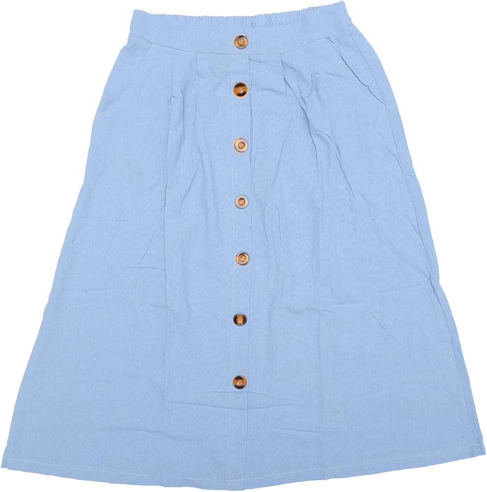 Allegra K Midi Skirts for Women Casual High Elastic Waist Button Pleated Linen A Line Skirts with Pockets