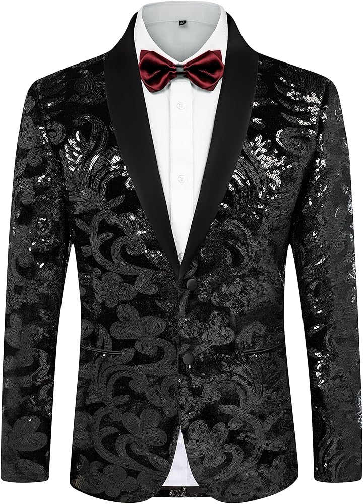 PJ PAUL JONES Mens Sequins Tuxedo Jacket Shawl Lapel Suit Jackets Elegant Velvet Blazer for Dinner, Prom, Party