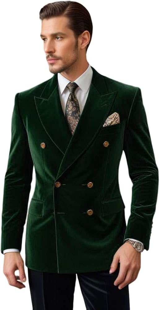Men's Double Breasted Velvet Blazer 2 Piece Suit Slim fit Solid Party Wear Blazer Pant Set