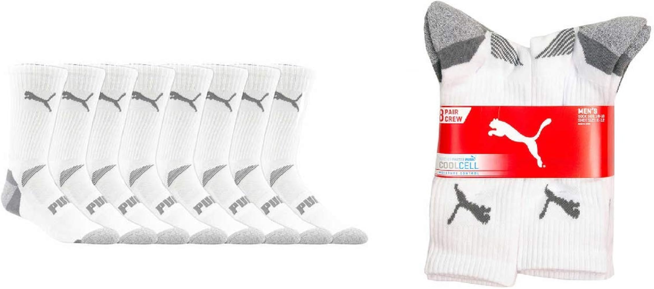 Puma Mens Cool Cell Crew Socks, 8-pack, Sock Size 10-13, Shoe Size 6-12 (White/Gray)