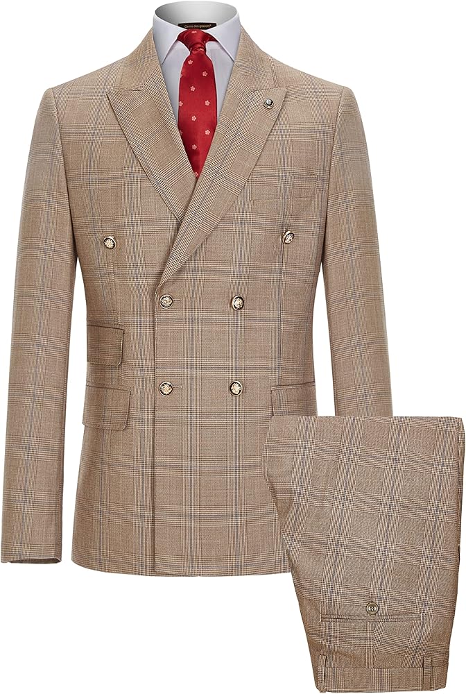 Men’s 2 Piece Suits Slim Fit Plaid Double Breasted Blazer and Pants Set Wedding Party Tuxedo