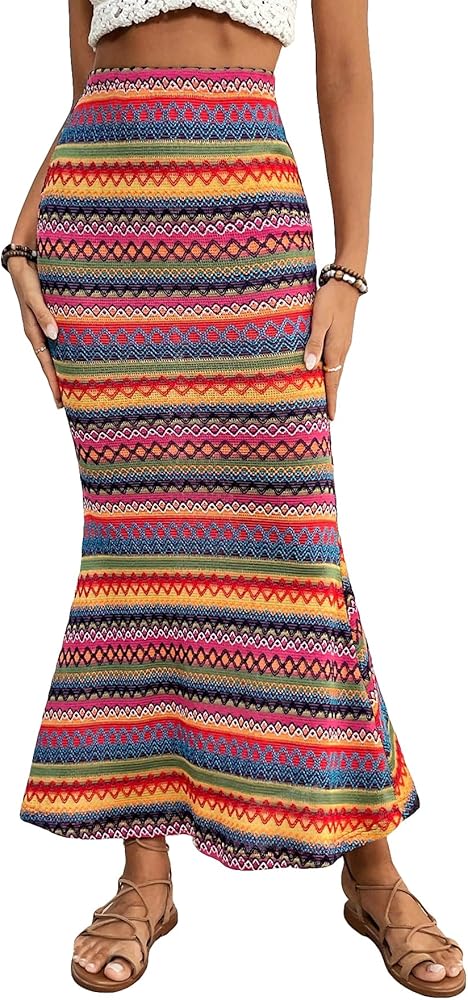 Verdusa Women's High Waist Printed Fishtail Bodycon Long Maxi Skirt