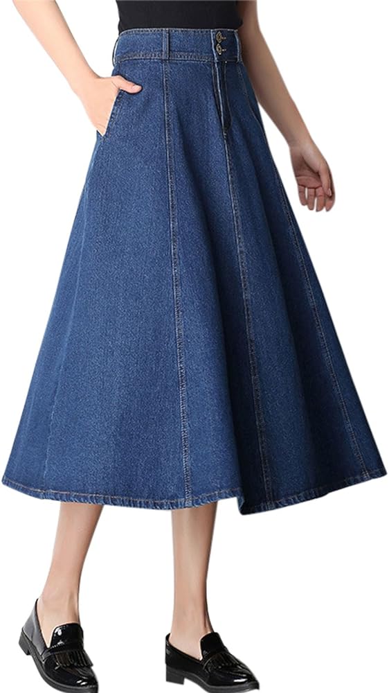 Tanming Women's High Waist Pleated Long Denim Skirt