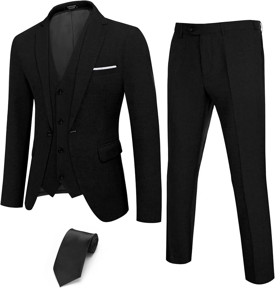 COOFANDY Men’s 3 Piece Slim Fit Suits One Button Blazer Vest Suit Pants with Tie
